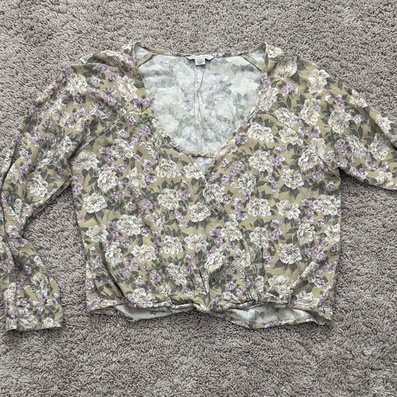 American Eagle Outfitters Tops - American Eagle Outfitters Olive Green Floral V-Neck Long Sleeve Top